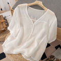 bellylady Women Cotton Linen Tops Retro Loose Solid Color Blouse Elegant V Neck Pullover Short Sleeves Shirt. 