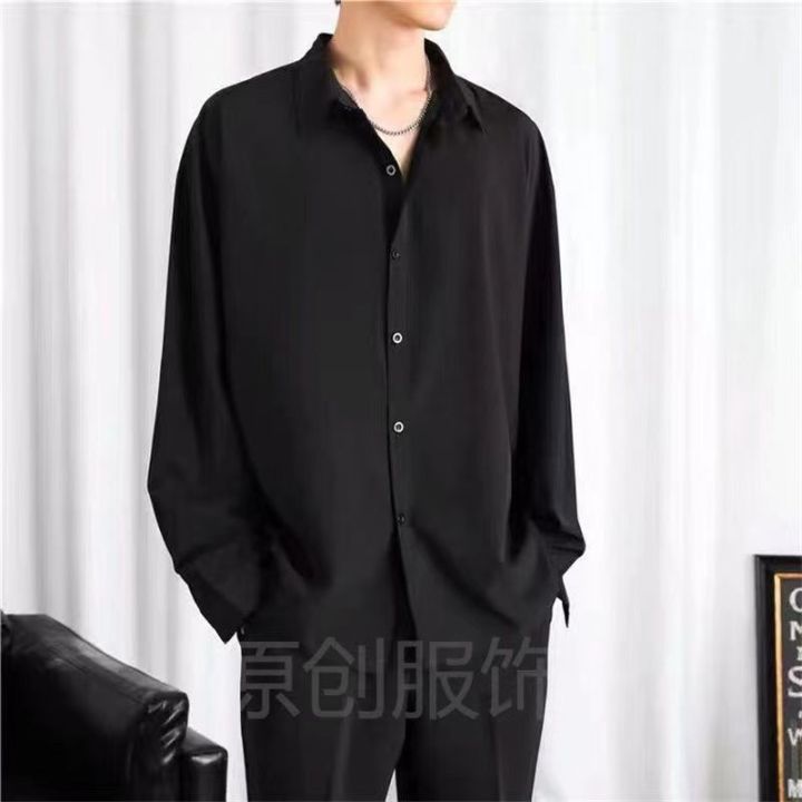 Ice%20Silk%20Shirt%20Men's%20Thin%20Hong%20Kong%20Style%20Ruffle%20Handsome%20High-Grade%20Draping%20Long%20Sleeve%20Jacket%20Loose%20Half%20Short%20Sleeve%20Pure%20Color%20All-Matching%20Shirt%20-%20Image%204