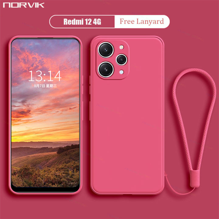 NORVIK for Xiaomi Redmi 12 4G Phone Case Lens Protection Casing Solid Straight Edge Liquid Silicone Soft TPU Back Cover with Lanyard N26-D2