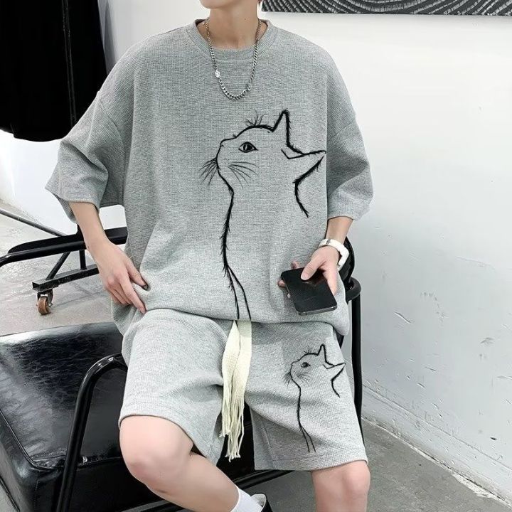 Jinjai%20Summer%20New%20Korean%20Style%20Retro%20Fashion%20Ice%20Silk%20Waffle%20Suit%20Men's%20Casual%20ins%20Half%20Sleeve%20Two-Piece%20Set%20-%20Image%202