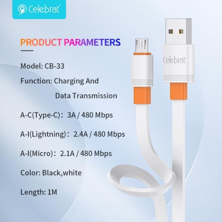 Celebrat%20CB-33%20Portable%20USB%20To%20Type-C%20Fast%20Charge%20And%20Data%20Transmission%20Cable%20With%20Flat%20wire%20Design%20And%20Practical%20Fits%20Mobile%20Phone%203A%20/480mbps%20/1M%20-%20White%20-%20Image%205