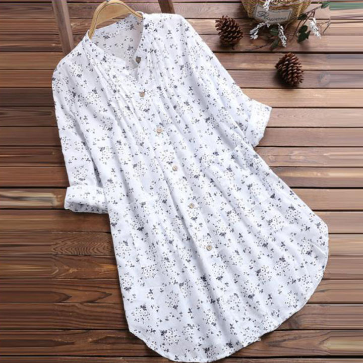 Yfashion%20Women%20Cotton%20Long%20Sleeves%20Shirt%20Trendy%20V%20Neck%20Pleated%20Floral%20Printing%20Blouse%20Casual%20Large%20Size%20Cardigan%20Tops%20-%20Image%202