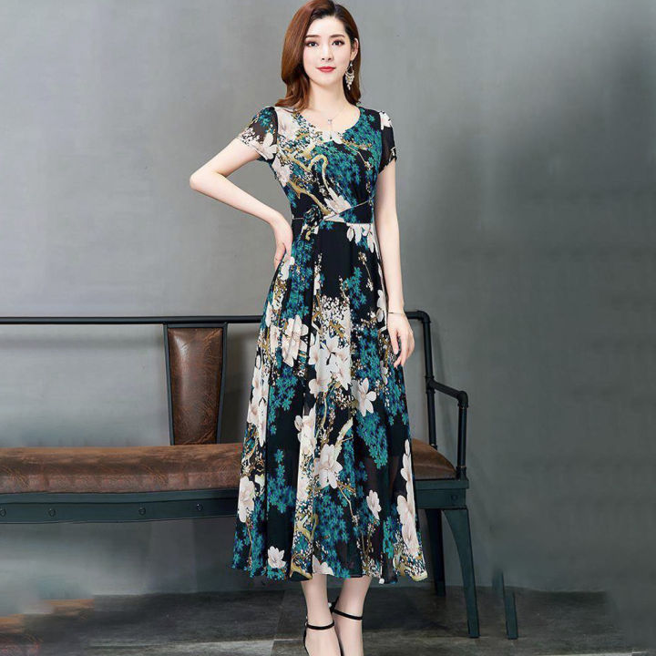 Fashion%20Casual%20Women%20O-Neck%20Short%20Sleeve%20Long%20Printed%20Slim%20A-Line%20Dress%20-%20Image%205