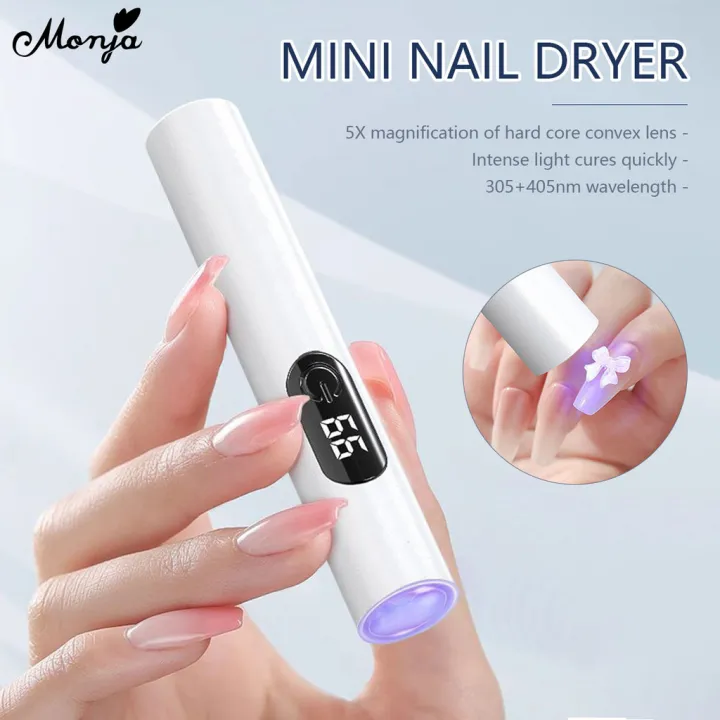 Monja White Mini Nail Dryer Portable UV Adhesive Gel Lamp Handheld USB Charging Nail Art UV LED Flashlight with LED Screen Display Quick Drying Nail Light DIY Manicure Tools