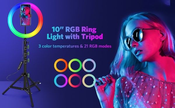 10-Inch RGB Ring Light Featuring Adjustable Multicolor Shades, Durable Stand, and Flexible Phone Mount for Social Media and Studio Use