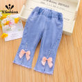 Yfashion Toddlers Girls Cotton Jeans Children Denim Cropped Pants Elastic Belt Summer Outerwear Loose Cropped Pants Clothing. 