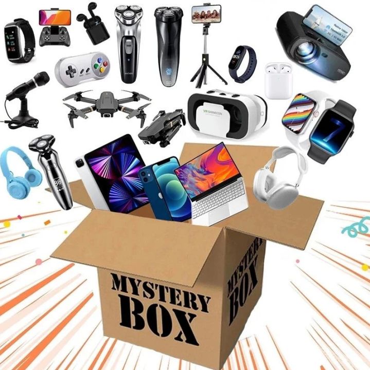 Mystery Box - Smartwatch Earphone Bluetooth Headsets Earbuds Men Women Watch Car Accessories Hair Straightener Dryer Mobile Phone Holder Charger Cable Home Fashion Gift Items
