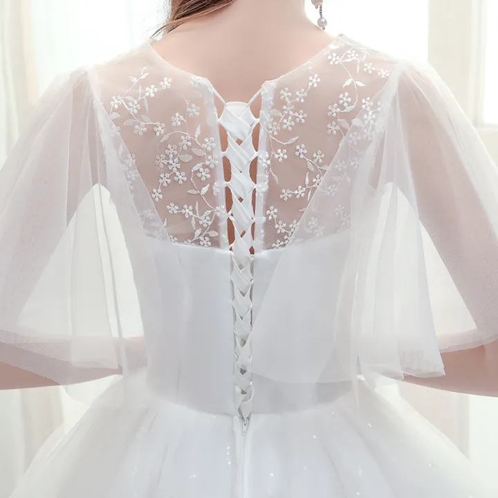 Main Wedding Dress 2024 New Korean Style Bridal off-Shoulder Pregnant Women Slim Fit Slimming Mori Lace V Lead the Land