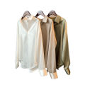 Yfashion Women Cotton  Satin  Shirt Lapel Long-sleeved Solid Color Loose Drape Retro Shirt color. 