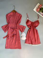 SYQ Solid Color Wavy Lace Sling Silk Nightgown Thin Fairy Two-Piece Nightgown Pad For Women. 