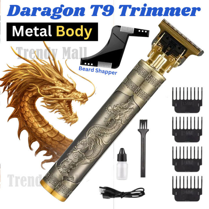 Trimmer for Men Rechargeable Vintage T9 Electric Hair Cutting Machine Hair Clipper Professional Men Shaver Dragon Black (METAL BODY) Full Steel Trendy Mall