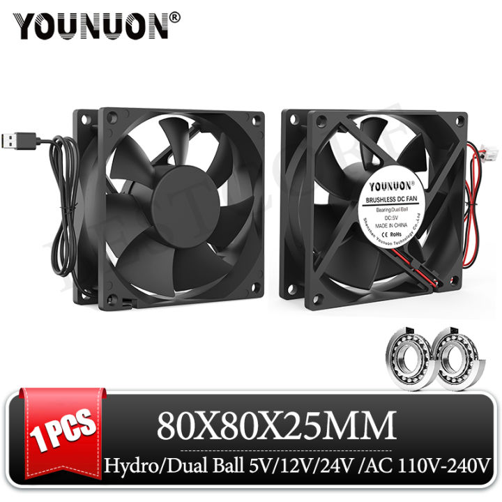 YOUNUN 1PCS 80mm 8025 80X80X25MM Cooling Fan 5V/12V/24V DC Brushless Cooling Cooler Fan 8025 Sleeve Dual Ball Bearing Axial Fan