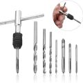 9Pcs Adjustable T-Handle Ratchet Tap Holder Wrench Tool Set with M3-M6 Screw Thread Metric Plug Tap and 2.5-5.0mm Twist Drill Bit. 