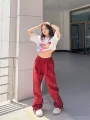 American Style Retro Street Hip Hop Red Overalls Women's High Street Design Sense Straight Wide Leg Casual. 