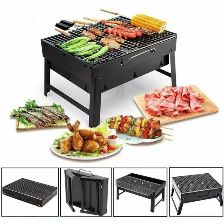 Bbq Grill Machine Outsoor portable Folding Grills Stainless steel Small Barbecue Stove Charcoal BBQ Grill Patio Camping Picnic Burner Foldable- Black