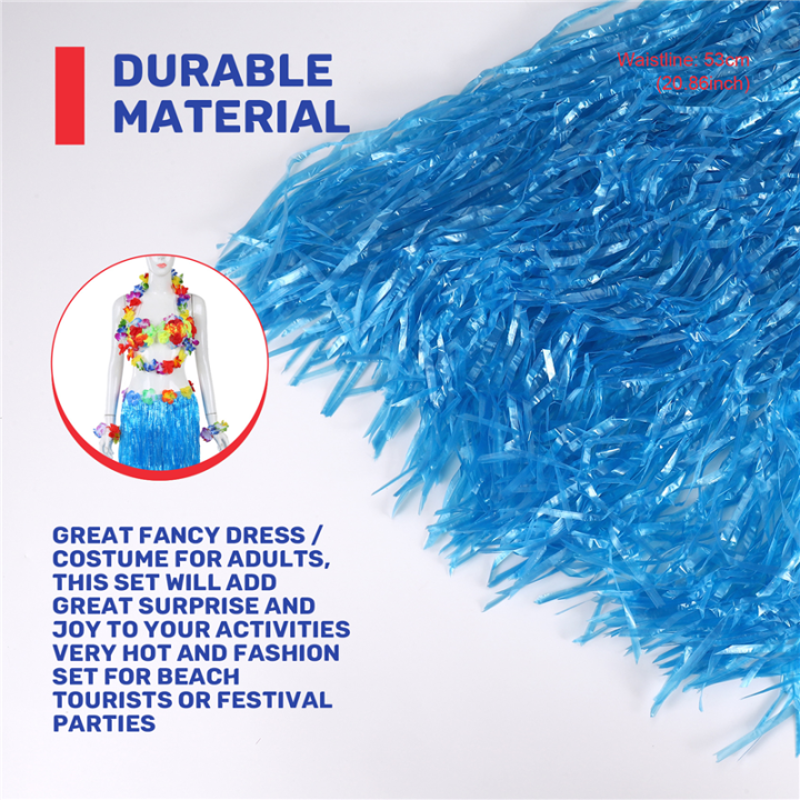 6%20Set%20Hawaiian%20Grass%20Skirt%20Flower%20Hula%20Lei%20Wristband%20Garland%20Fancy%20Dress%20Costume%20-%20Image%204