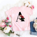 26 Black English Letters ABCD Flower Cartoon Print Children's Round Neck Short Sleeve Boys and Girls Pink T-shirt. 