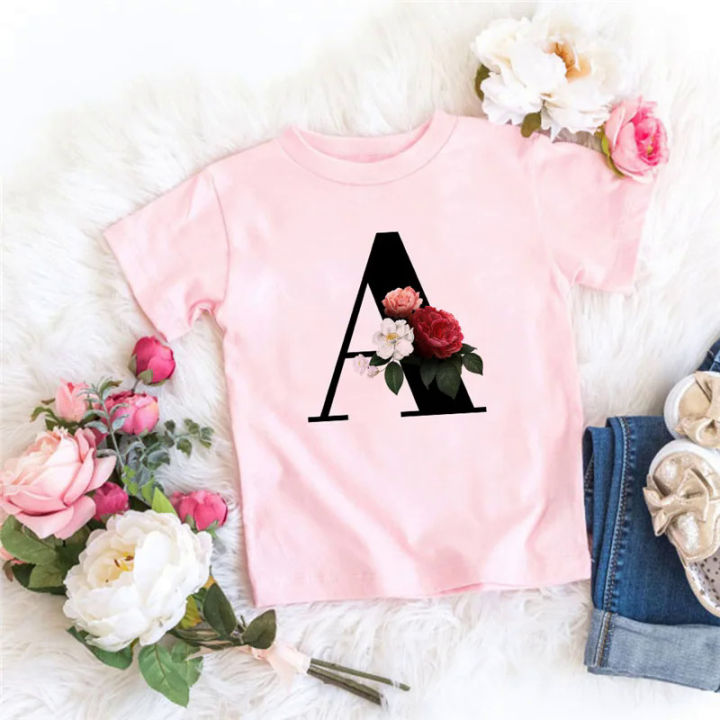 26%20Black%20English%20Letters%20ABCD%20Flower%20Cartoon%20Print%20Children's%20Round%20Neck%20Short%20Sleeve%20Boys%20and%20Girls%20Pink%20T-shirt%20-%20Image%202