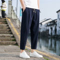 bellylady Men Pants Solid Color Cotton Blended Casual Loose Straight Trousers For Spring Summer. 