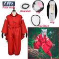Anime Inuyasha Cosplay Costumes Red Japanese Kimono Men Robe Costume W Wigs Ears And Necklace For Halloween Party men and women. 