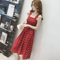 【WEJA】Summer New off-Shoulder Suspender Skirt Women's Slim Fit Mid Length Long Length Red Polka Dot Dress Slim Looking Sleeveless Suspender Skirt. 