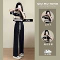 Fashion Suit Women's Summer New Korean Style Loose Salt Wear StripedPoloCollar Top Wide Leg Pants Two-Piece Set. 