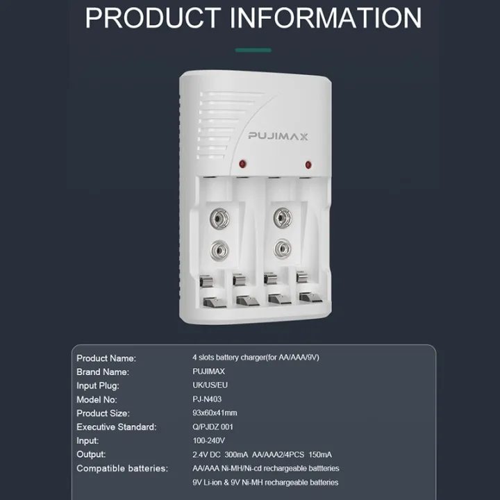 PUJIMAX%204-Slot%20Wall%20Smart%20Battery%20Charger%20For%209V%20Rechargeable%20Battery%20and%201.2V%20AA/AAA%20Rechargeable%20Battery%20UK%20US%20EU%20Plug%20-%20Image%204