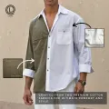Lans Men's Oversized Patchwork Cuban Collar Shirt – Trendy Contrast Design, Casual Long Sleeve Wear (XS to 3XL). 