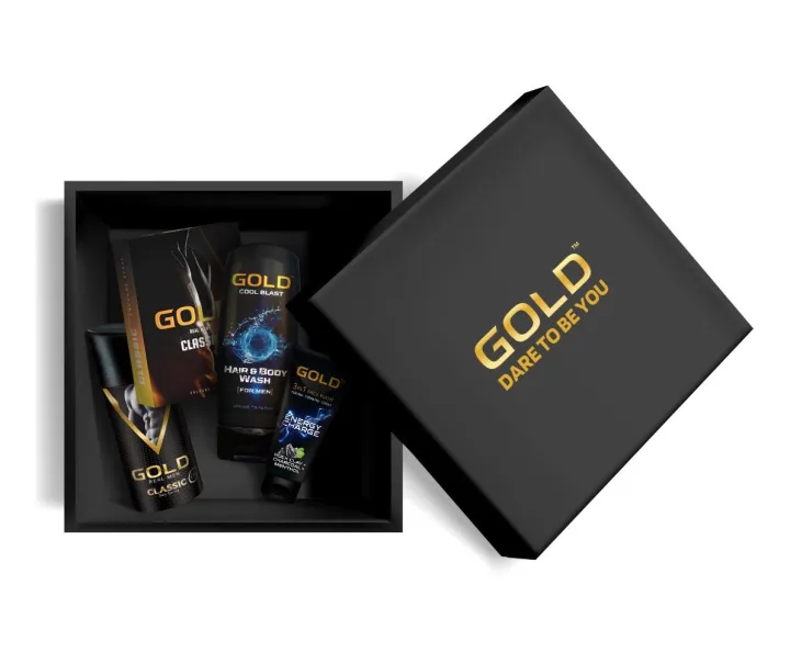 Gold Gift Box for Men - Valentines Male Bundle Pack with Cologne 100ML, Deo Spray 150ML, Aftershave 90ML & Hair Gel 100ML - Arctic
