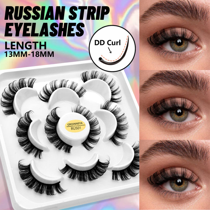 GROINNEYA Russian Strip Lashes5 Pairs 3D Mink Eyelashes DD Curl Lashes ...