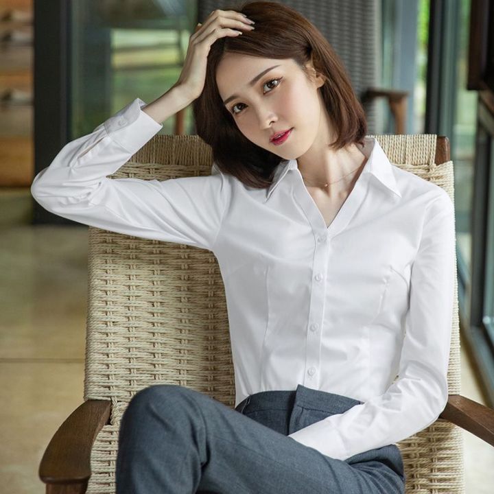 2023Spring and Autumn NewVCollar White Shirt Women's Long Sleeve Formal Suit Work Clothes Business Wear White Short Sleeve Shirt