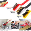 Bent plastic handle wire brush 3 pc Mini Wire Brush Set Stainless Steel, Brass, Nylon. 