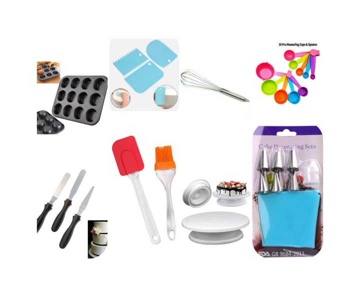 21pcs cake set Muffin / Cup Cake Baking Tray (12 cups) 3pcs/set Colorful Plastic Cream Scraper Egg beater Measuring Cups 10pcs 3pcs spreader Turn table
