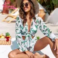 Muses Mall Quick-drying Bikini Set 3-piece Leaf Print Bikini Cardigan Set for Women High Waist Swimsuit with Quick Dry Lace-up Bra Beachwear for Water Sports Women Swimsuit Set. 
