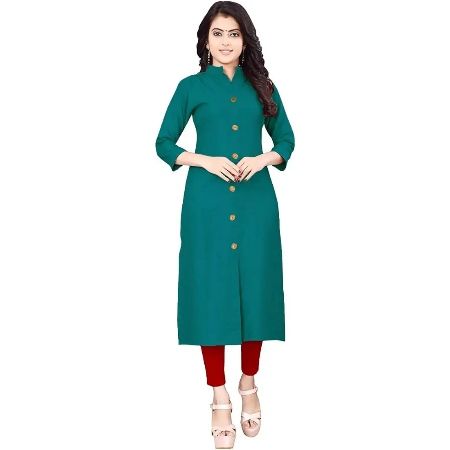 Women Plain casual wear in college, office, function or birthday Cotton Blend Straight Front Slit 6 button Kurti