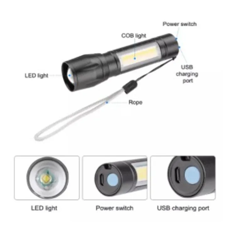 Portable Mini rechargeable Torch with in built battery | Emergency Torch | Emergency Lamp | Water Proof | Shock Proof | 3 in 1 | Side Light | LED | Zoom in | Zoom Out