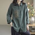 Yfashion Women Cotton Long Sleeves Blouse Trendy Retro Solid Color Embroidery Shirt Loose Single Breasted Cardigan Tops. 