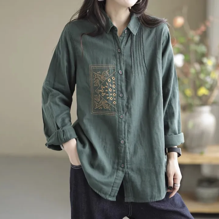 Yfashion%20Women%20Cotton%20Long%20Sleeves%20Blouse%20Trendy%20Retro%20Solid%20Color%20Embroidery%20Shirt%20Loose%20Single%20Breasted%20Cardigan%20Tops%20-%20Image%205