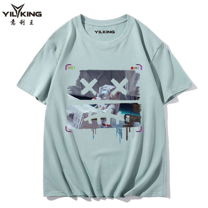 YILKING Cotton Short Sleeve T T-shirt Men's Cotton Oversized Loose-Fitting Pattern Print Trendy Brand round Neck Smiley Face T Summer T Shirt