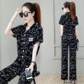 One-Piece/Set 2023Summer New Fashion Slimming Short-Sleeved Printed Top Wide-Leg Pants Casual Two-Piece Suit Women. 