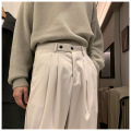 Yfashion Men Pants Solid Color Zipper Button Closure Placket Loose Straight-leg Casual Drape Trousers color. 
