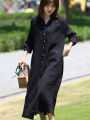 Foreign Trade Export New Linen Dress Black Full Cardigan Shirt plus Size Skirt Three-Quarter Sleeve Cotton and Linen Mid-Length. 
