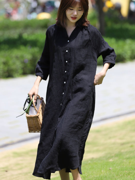 Foreign%20Trade%20Export%20New%20Linen%20Dress%20Black%20Full%20Cardigan%20Shirt%20plus%20Size%20Skirt%20Three-Quarter%20Sleeve%20Cotton%20and%20Linen%20Mid-Length%20-%20Image%204