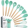 12 Pcs Silicone Cooking Utensils Kitchen Utensil Set - Heat Resistant Non-Toxic BPA Free Spatula Set with Turner Tongs,Spoon,Brush,Whisk-Wooden Handles Kitchen Gadgets Tools Set for Nonstick Cookware. 