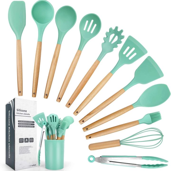 12 Pcs Silicone Cooking Utensils Kitchen Utensil Set - Heat Resistant Non-Toxic BPA Free Spatula Set with Turner Tongs,Spoon,Brush,Whisk-Wooden Handles Kitchen Gadgets Tools Set for Nonstick Cookware