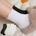 1/4Pair Women's Fashion Mid-length White Lace Mouth Thigh-high Socks Wooden Ear Cotton Wide Sock Solid Color Versatile Soft Sock. 