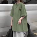 2023Summer New Green Short SleeveTT-shirt Women's Korean-Style Loose All-Match Mid-Length Oversized Half-Sleeve Topins-. 