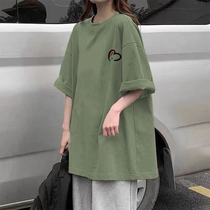 2023Summer%20New%20Green%20Short%20SleeveTT-shirt%20Women's%20Korean-Style%20Loose%20All-Match%20Mid-Length%20Oversized%20Half-Sleeve%20Topins-%20-%20Image%203