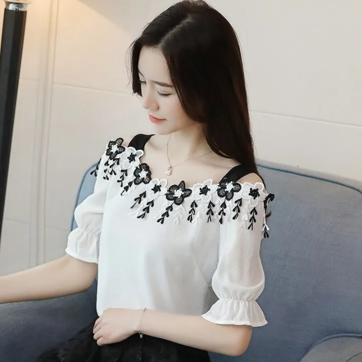Summer%20Chiffon%20Blouses%20for%20Women%20off-Shoulder%20Strap%20Korean%20Style%20New%20off-Shoulder%20Short%20Sleeve%20Western%20Style%20Slimming%20Loose%20Bottoming%20Shirt%20for%20Women%20-%20Image%202
