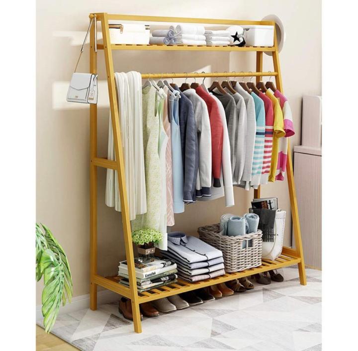 Bamboo Clothes Rack Garment Storage Organizer Hanging Rail Shelves ...